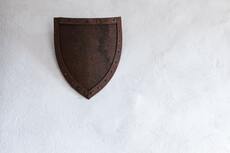 a brown shield on a white wall